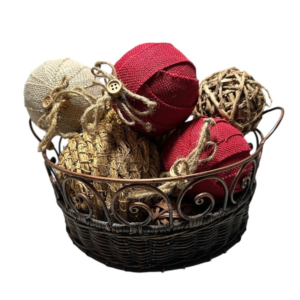 Decorative Metal & Wicker Basket w/ Spherical Wood, Wicker, Burlap Covered Balls